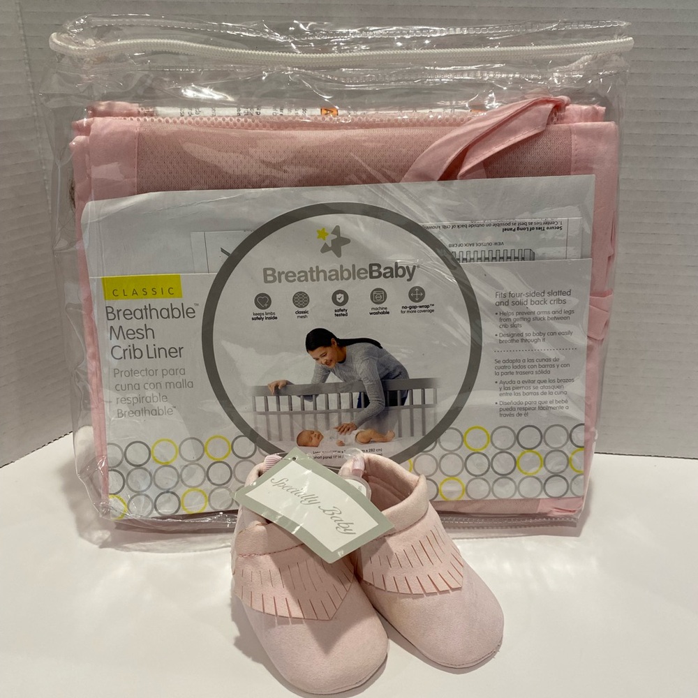 BreathableBaby Pink Mesh Crib Liner and Booties Set